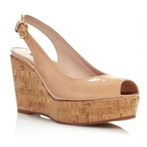 Stuart Weitzman Jean Slingback Wedge Sandals in Nude Patent Leather